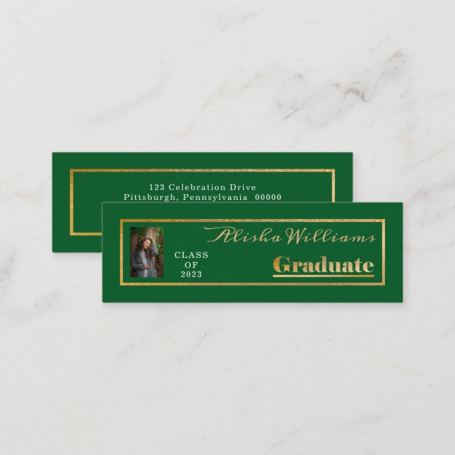 Classy Elegant Gold Text Graduate Photo Green  Mini Business Card (Front/Back)