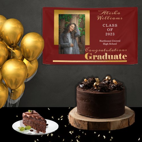 Classy Elegant Gold Text Graduate Photo Maroon Banner