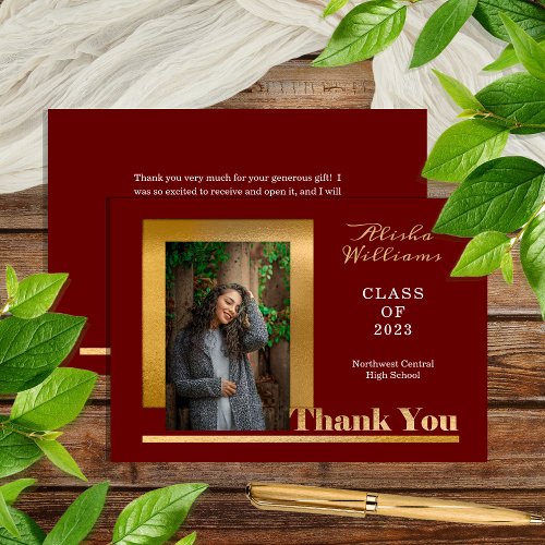 Classy Elegant Gold Text Graduate Photo Maroon Thank You Card