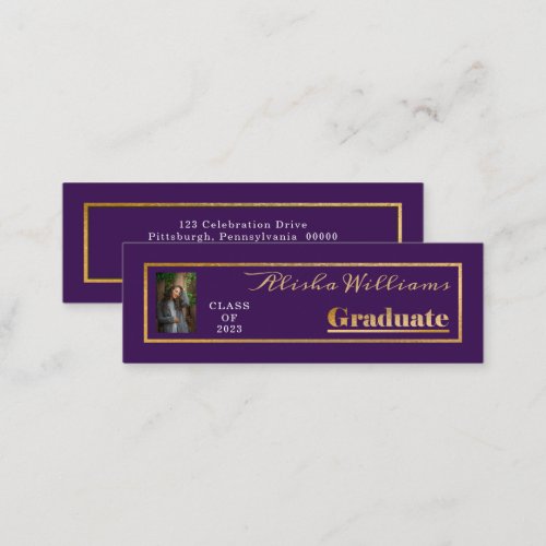 Classy Elegant Gold Text Graduate Photo Mini Business Card