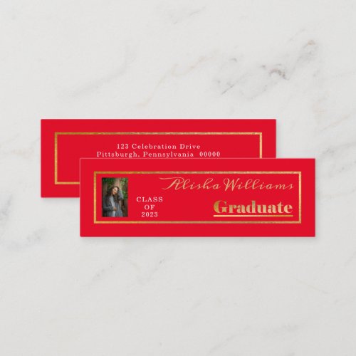 Classy Elegant Gold Text Graduate Photo Mini Business Card