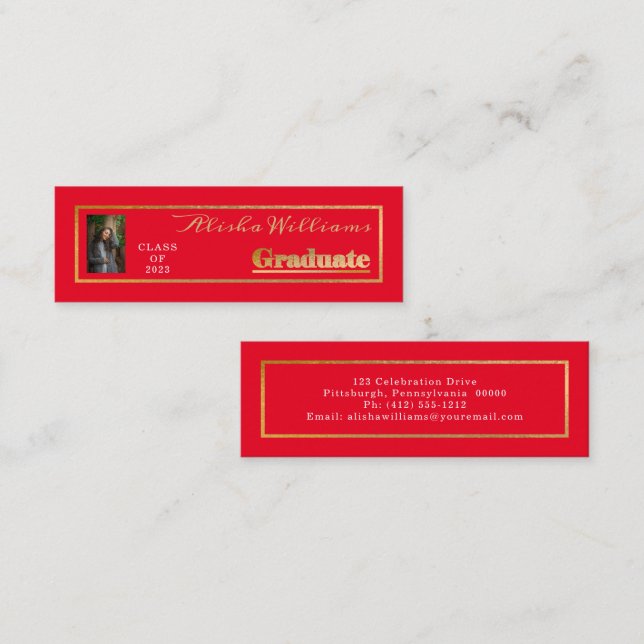 Classy Elegant Gold Text Graduate Photo Mini Business Card (Front/Back)
