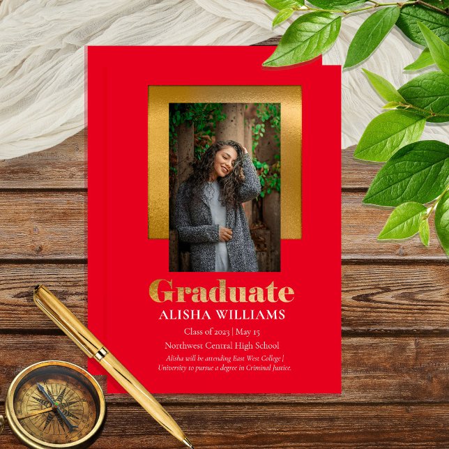 Classy Elegant Gold Text Graduate Photo Red Announcement (Classy Elegant Gold Tone Text Red Graduate Portrait One Photo Graduation Announcement Print Digital)