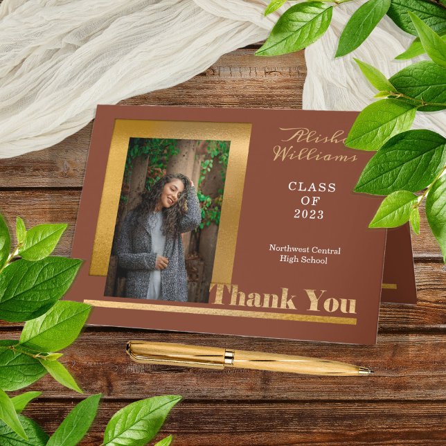 Classy Elegant Gold Tone Graduate Photo Terracotta Thank You Card (Elegant and Modern Terracotta and Gold Tone One Photo Graduation Thank You Folded Card)