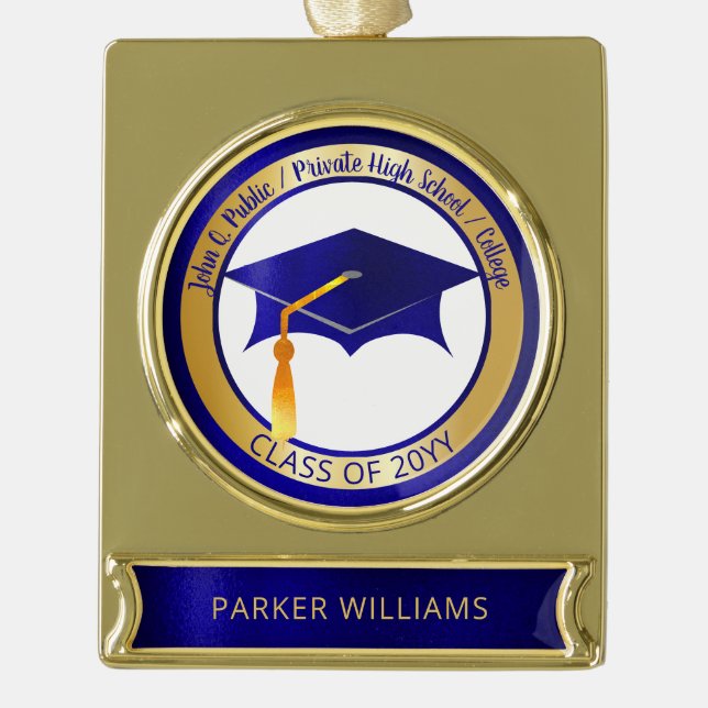 Classy Elegant Grad Cap School Graduate Graduation Gold Plated Banner Ornament (Front)
