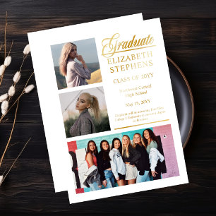 Classy Elegant Graduate Graduation 3 Photo Foil Invitation