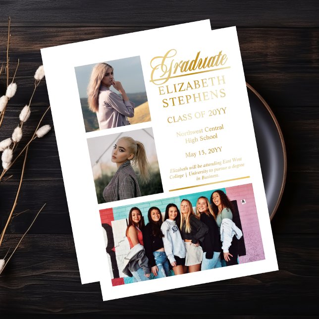 Classy Elegant Graduate Graduation 3 Photo  Foil Invitation (Classy and Elegant Script Text "Graduate" 3-Photo Gold Foil and White Graduation Announcement)