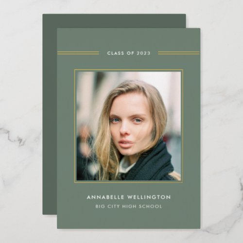 Classy Elegant Green Graduation Photo Gold Foil Invitation