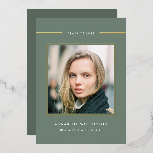 Classy Elegant Green Graduation Photo Gold Foil Invitation (Front/Back)