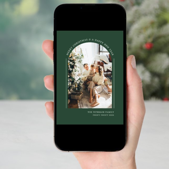 Classy Elegant Green Modern Christmas Family Photo Holiday Card (Front Digital)