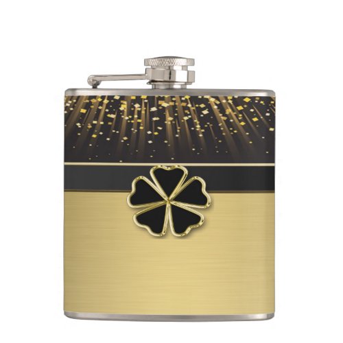 Classy Elegant Irish Shamrock Faux Gold Confetti Hip Flask