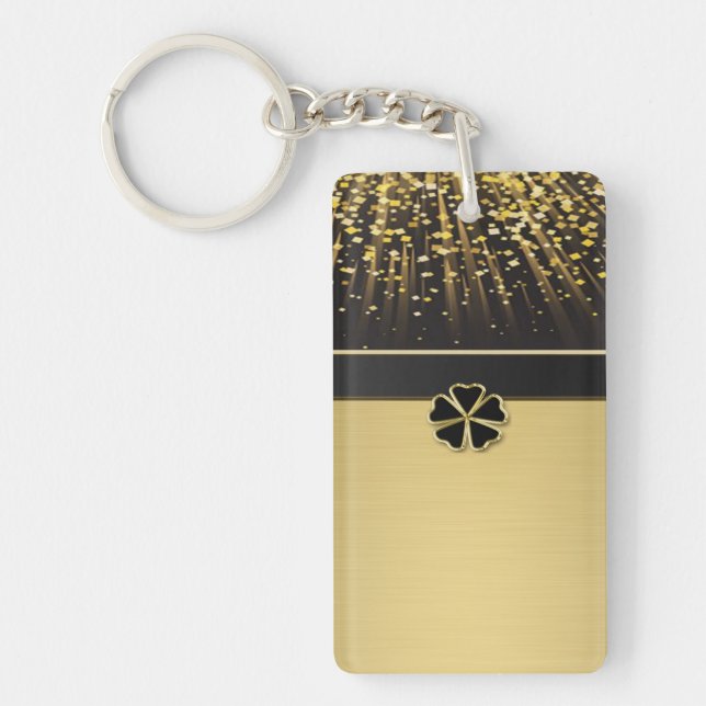 Classy Elegant Irish Shamrock ,Faux Gold Confetti Keychain (Front)