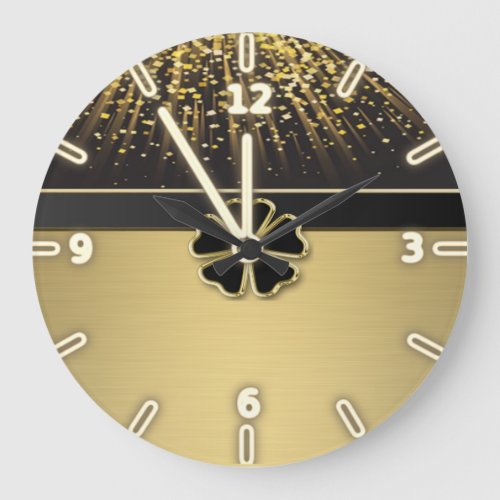 Classy Elegant Irish Shamrock Faux Gold Confetti Large Clock