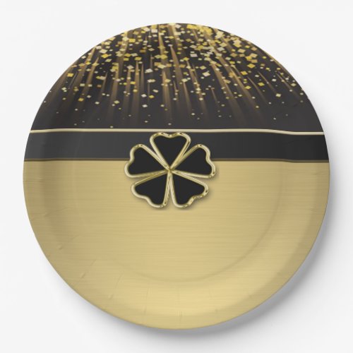 Classy Elegant Irish Shamrock Faux Gold Confetti Paper Plates