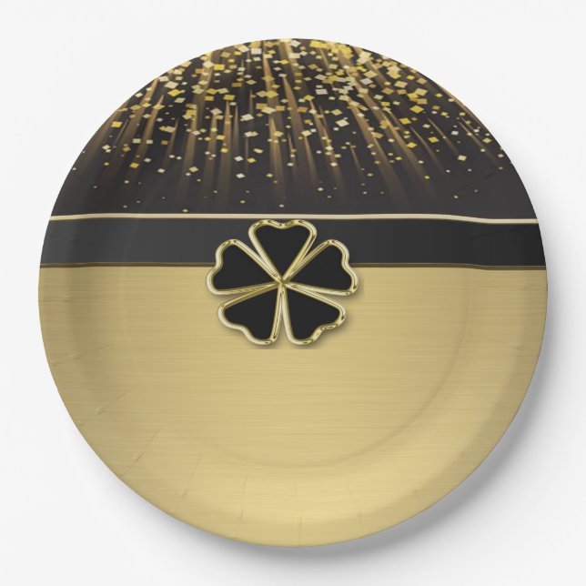 Classy Elegant Irish Shamrock ,Faux Gold Confetti Paper Plates (Front)