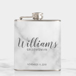 Classy Elegant Marble Personalized Groomsmen Flask<br><div class="desc">Classy Elegant Marble Modern Script Personalized Groomsmen Flask
featuring personalized groomsman's name in modern calligraphy font style with title and wedding date in modern sans serif font style on white marble background.

Also perfect for Father of the Bride,  Best man and more.</div>