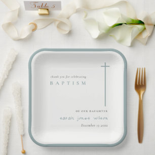 Classy Elegant Minimal Blue Typography Baptism Paper Plates