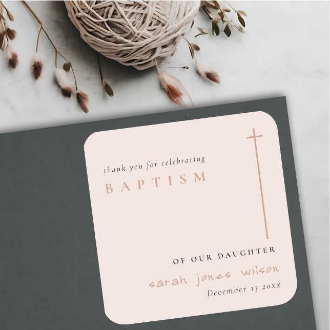 Classy Elegant Minimal Blush Typography Baptism Square Sticker (Creator Uploaded)