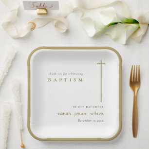 Classy Elegant Minimal Gold Typography Baptism Paper Plates