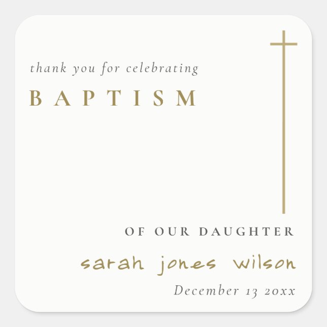 Classy Elegant Minimal Gold Typography Baptism Square Sticker (Front)