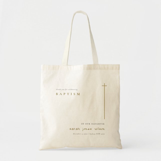 Classy Elegant Minimal Gold Typography Baptism Tote Bag (Front)