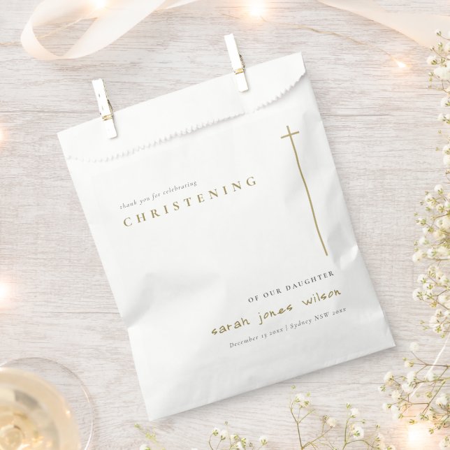 Classy Elegant Minimal Gold Typography Christening Favor Bag (Clipped)