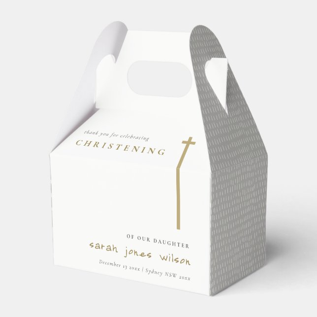 Classy Elegant Minimal Gold Typography Christening Favor Boxes (Front Side)