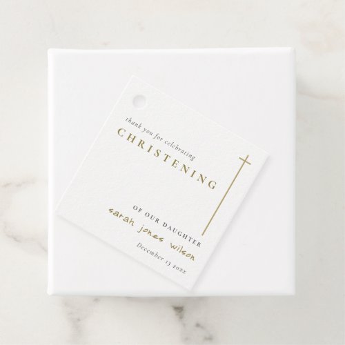 Classy Elegant Minimal Gold Typography Christening Favor Tags