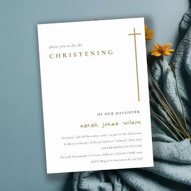 Classy Elegant Minimal Gold Typography Christening Invitation (Creator Uploaded)