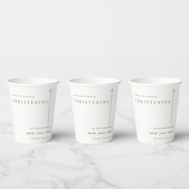 Classy Elegant Minimal Gold Typography Christening Paper Cups (Multi)