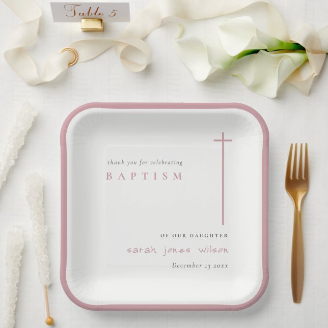 Classy Elegant Minimal Pink Typography Baptism Paper Plates (Wedding)