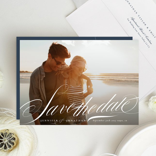 Classy Elegant Navy Blue White Calligraphy Photo Save The Date (Creator Uploaded)