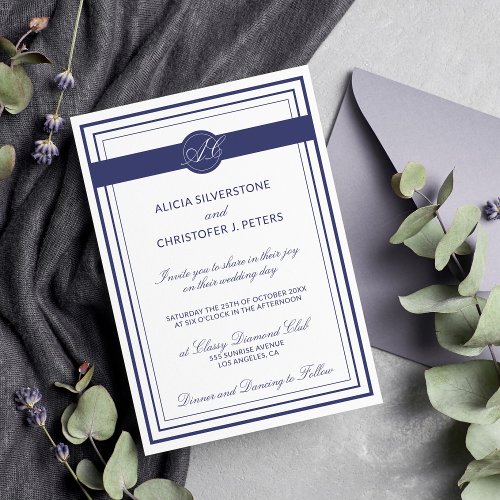 Classy Elegant Navy White Monogrammed Wedding Invitation