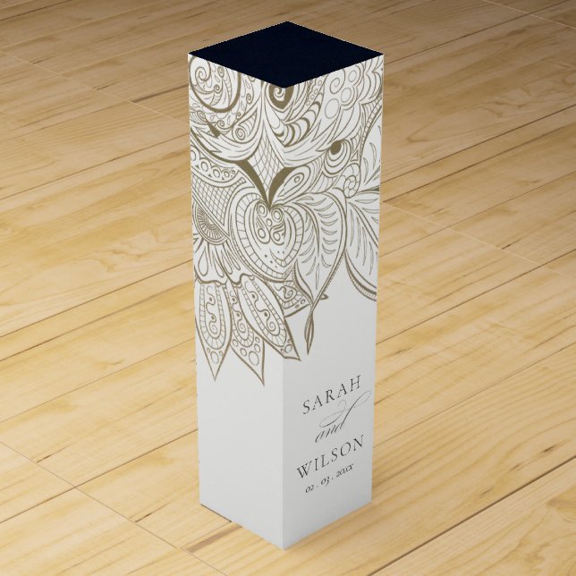 Classy Elegant Ornate Paisley Ivory Gold Wedding Wine Box (Front)