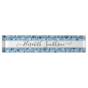   Classy & Elegant Pastel Blue Professional Floral Desk Name Plate