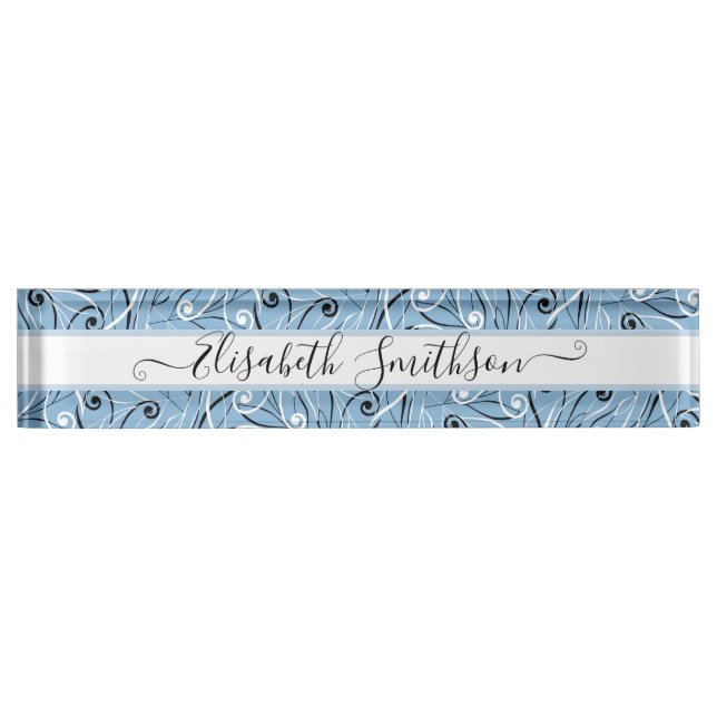   Classy & Elegant Pastel Blue Professional Floral Desk Name Plate (Front)