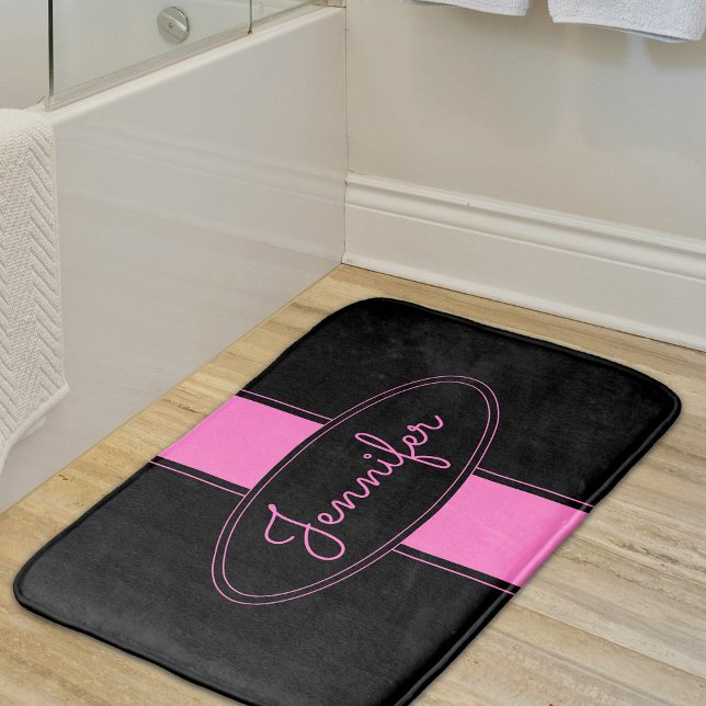 Classy Elegant Pink Black Custom Name Personalized Bath Mat (Creator Uploaded)