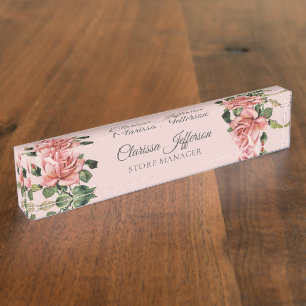 Classy elegant pink blush roses store manager desk name plate