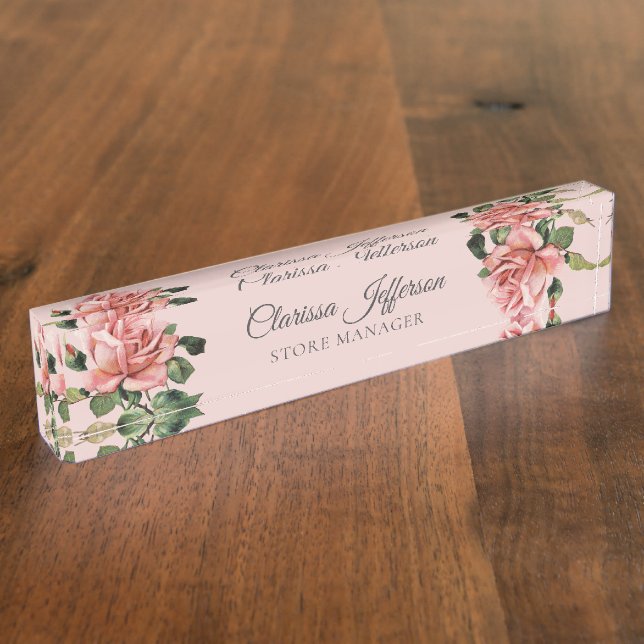 Classy elegant pink blush roses store manager desk name plate (Side)