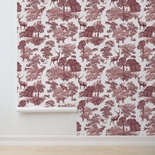 Classy Elegant Pink Deer Forest Animals Toile Wallpaper
