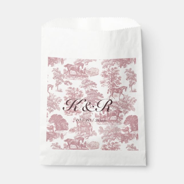 Classy Elegant Pink Horse Toile Name Initials Favor Bag (Front)