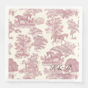 Classy Elegant Pink Horse Toile Name Initials Paper Dinner Napkins