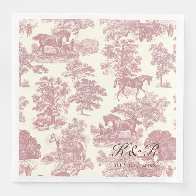 Classy Elegant Pink Horse Toile Name Initials Paper Dinner Napkins (Front)