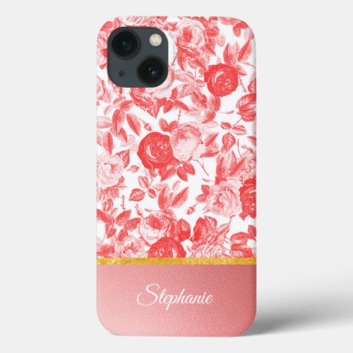 Classy Elegant Pink Roses Rose Gold with Name iPhone 13 Case