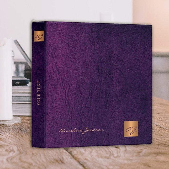 Classy elegant purple leather gold monogram office 3 ring binder (Creator Uploaded)