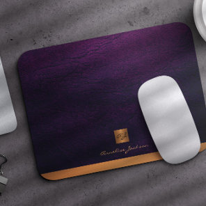 Classy elegant purple leather gold monogrammed mouse pad