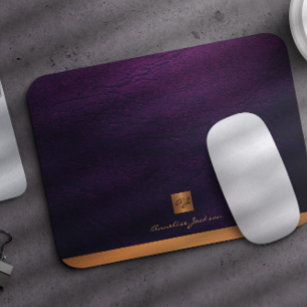 Classy elegant purple leather gold monogrammed mouse pad