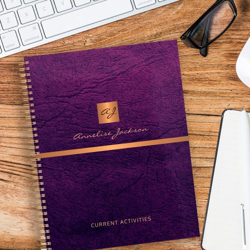 Classy elegant purple leather gold monogrammed planner