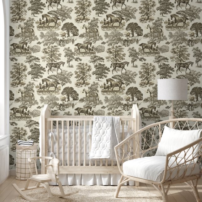 Classy Elegant Rustic Beige Cream Horse Toile Wallpaper (Kids)