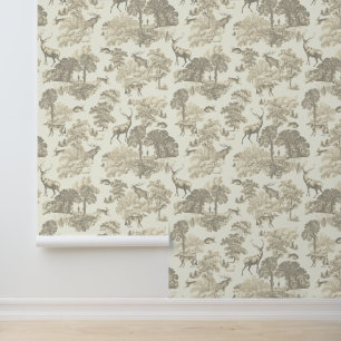 Classy Elegant Rustic Beige Deer Woodland Toile Wallpaper